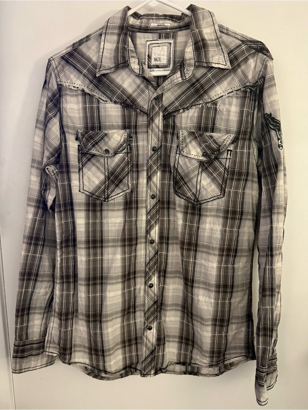 BKE Men’s Brown and White Plaid Western Distressed tressed Button-Down Shirt